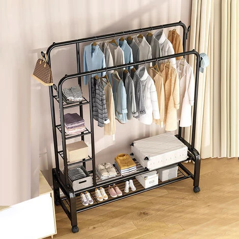 VINTEKY® Penderie à Vêtement, Porte-manteau, Double Portant En Métal 3 étages Avec Roues Rangement Chaussures 150x162x50cm - Noir – Image 2