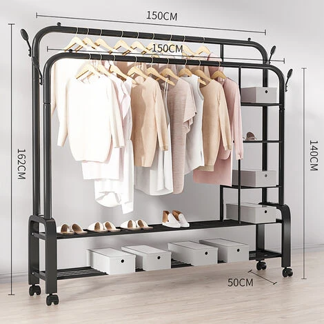 VINTEKY® Penderie à Vêtement, Porte-manteau, Double Portant En Métal 3 étages Avec Roues Rangement Chaussures 150x162x50cm - Noir – Image 4