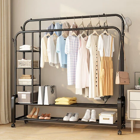 VINTEKY® Penderie à Vêtement, Porte-manteau, Double Portant En Métal 3 étages Avec Roues Rangement Chaussures 150x162x50cm - Noir – Image 5