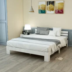 Lit Double Adulte 140 X 200 Cm - Cadre De Lit En Bois Massif Avec Tête De Lit, Sommier - Blanc