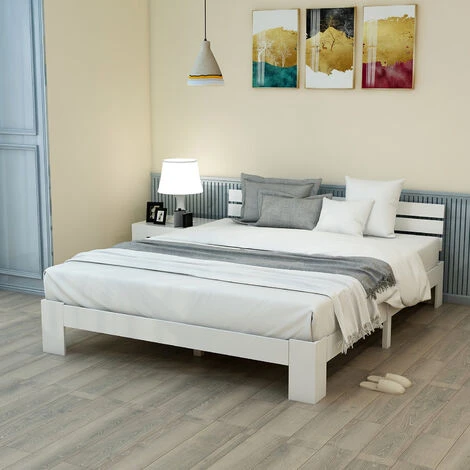 Lit Double Adulte 140 X 200 Cm - Cadre De Lit En Bois Massif Avec Tête De Lit, Sommier - Blanc