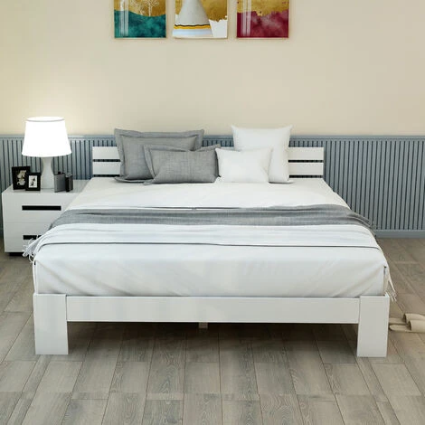 Lit Double Adulte 140 X 200 Cm - Cadre De Lit En Bois Massif Avec Tête De Lit, Sommier - Blanc – Image 2