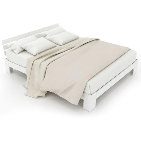 Lit Double Adulte 140 X 200 Cm - Cadre De Lit En Bois Massif Avec Tête De Lit, Sommier - Blanc – Image 3