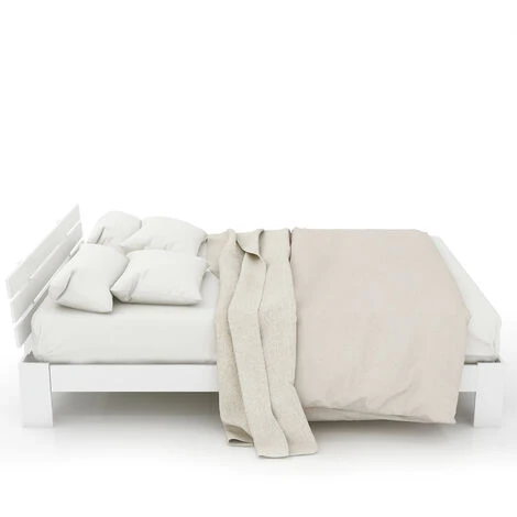 Lit Double Adulte 140 X 200 Cm - Cadre De Lit En Bois Massif Avec Tête De Lit, Sommier - Blanc – Image 4