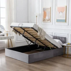 Lit Coffre Double 140 X 200 Cm - Avec Sommier à Lattes, Tête De Lit Capitonnée, Housse Velours - Gris - LBF