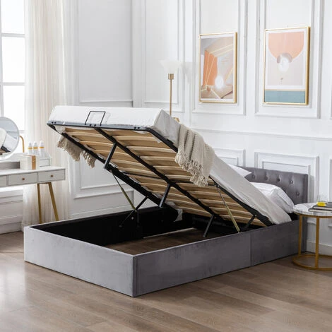 Lit Coffre Double 140 X 200 Cm - Avec Sommier à Lattes, Tête De Lit Capitonnée, Housse Velours - Gris - LBF
