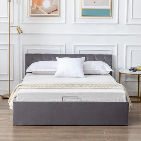 Lit Coffre Double 140 X 200 Cm - Avec Sommier à Lattes, Tête De Lit Capitonnée, Housse Velours - Gris - LBF – Image 2
