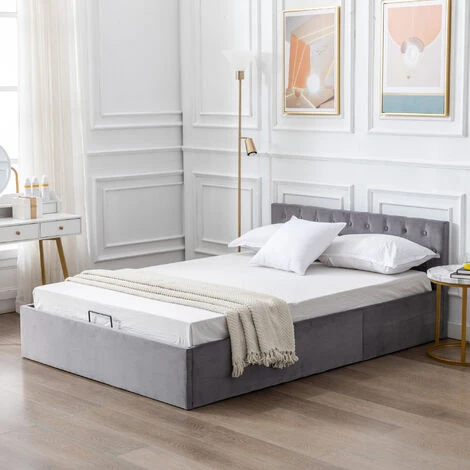 Lit Coffre Double 140 X 200 Cm - Avec Sommier à Lattes, Tête De Lit Capitonnée, Housse Velours - Gris - LBF – Image 3