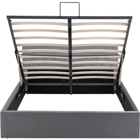 Lit Coffre Double 140 X 200 Cm - Avec Sommier à Lattes, Tête De Lit Capitonnée, Housse Velours - Gris - LBF – Image 4