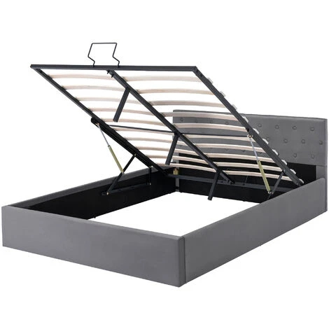 Lit Coffre Double 140 X 200 Cm - Avec Sommier à Lattes, Tête De Lit Capitonnée, Housse Velours - Gris - LBF – Image 5