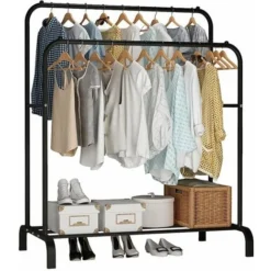 FREOSEN Porte Manteau Portant Vêtements Penderie Cintre Tiges Double Avec étagère De Rangement Chaussures Noir 11054150 Cm