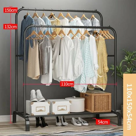 FREOSEN Porte Manteau Portant Vêtements Penderie Cintre Tiges Double Avec étagère De Rangement Chaussures Noir 11054150 Cm – Image 3