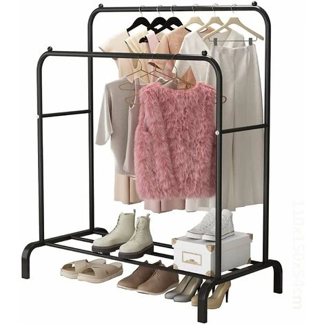 FREOSEN Porte Manteau Portant Vêtements Penderie Cintre Tiges Double Avec étagère De Rangement Chaussures Noir 11054150 Cm – Image 4