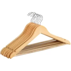 WENKO Cintres Bois Eco Naturel, Lot De 8 Cintres En Bois Avec Barre Pantalons Et Encoches Jupes, Crochets Rotatifs, Bois, 45x23,5x1,2 Cm, Marron