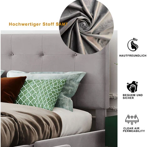 Lit Double Capitonné 140 X 200 Cm En Velours Gris Avec 4 Tiroir 2 Personnes 2 Places, Sommier à Lattes Et Tête De Lit Inclus, Style Scandinave, Tissu Gris – Image 3