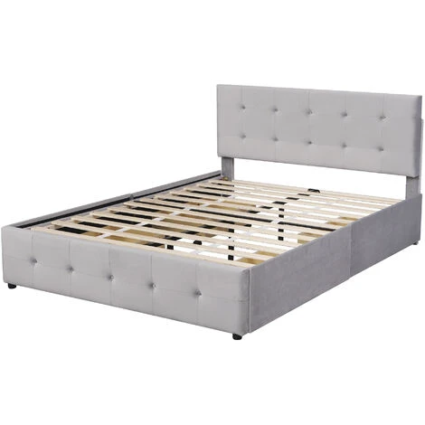 Lit Double Capitonné 140 X 200 Cm En Velours Gris Avec 4 Tiroir 2 Personnes 2 Places, Sommier à Lattes Et Tête De Lit Inclus, Style Scandinave, Tissu Gris – Image 4