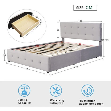 Lit Double Capitonné 140 X 200 Cm En Velours Gris Avec 4 Tiroir 2 Personnes 2 Places, Sommier à Lattes Et Tête De Lit Inclus, Style Scandinave, Tissu Gris – Image 5