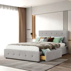 Lit Avec Tiroirs Double Capitonné 140 X 200 Cm - Avec 4 Tiroirs, Sommier à Lattes, Tête De Lit, Velours, Style Scandinave -lit Adulte Gris