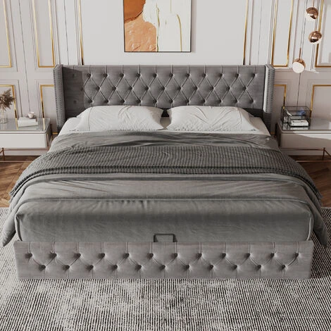 Lit Coffre Adulte 140 X 200 Cm Avec Sommier - Coffre De Rangement - Tissu En Flanelle - Tête De Lit Finition Avec Boutons - Style Scandinave - Gris – Image 2