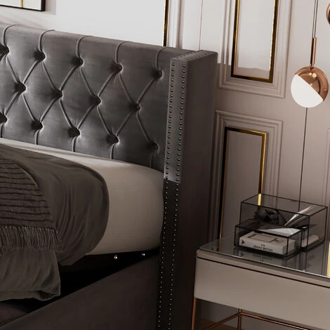 Lit Coffre Adulte 140 X 200 Cm Avec Sommier - Coffre De Rangement - Tissu En Flanelle - Tête De Lit Finition Avec Boutons - Style Scandinave - Gris – Image 3