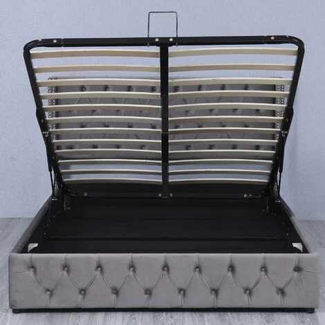 Lit Coffre Adulte 140 X 200 Cm Avec Sommier - Coffre De Rangement - Tissu En Flanelle - Tête De Lit Finition Avec Boutons - Style Scandinave - Gris – Image 4