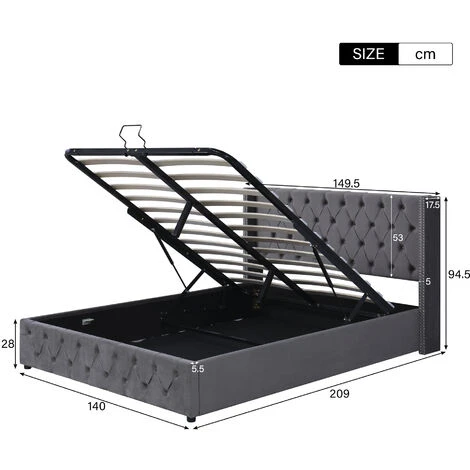 Lit Coffre Adulte 140 X 200 Cm Avec Sommier - Coffre De Rangement - Tissu En Flanelle - Tête De Lit Finition Avec Boutons - Style Scandinave - Gris – Image 5
