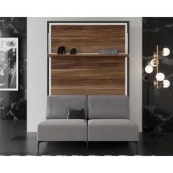 Lit Escamotable Avec Canapé Tissu Barko 140x190 Cm - Structure Et Façade Vintage - Canapé Gris