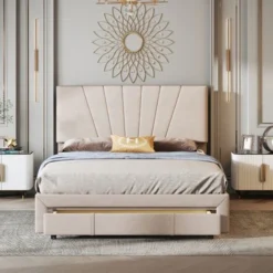 Lit Double Capitonné 140 X 200 Cm En Tissu Beige Avec Grand Tiroir, 2 Personnes, Sommier à Lattes & Sommier, Style Scandinave, Beige Foncé