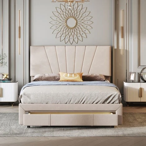 Lit Double Capitonné 140 X 200 Cm En Tissu Beige Avec Grand Tiroir, 2 Personnes, Sommier à Lattes & Sommier, Style Scandinave, Beige Foncé