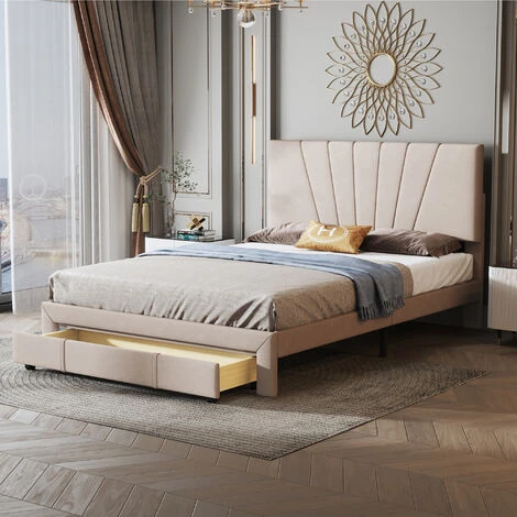 Lit Double Capitonné 140 X 200 Cm En Tissu Beige Avec Grand Tiroir, 2 Personnes, Sommier à Lattes & Sommier, Style Scandinave, Beige Foncé – Image 2