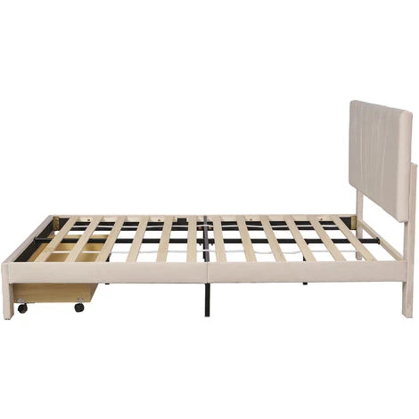 Lit Double Capitonné 140 X 200 Cm En Tissu Beige Avec Grand Tiroir, 2 Personnes, Sommier à Lattes & Sommier, Style Scandinave, Beige Foncé – Image 4