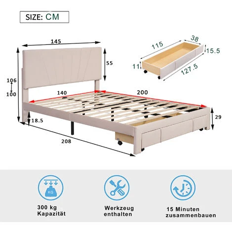 Lit Double Capitonné 140 X 200 Cm En Tissu Beige Avec Grand Tiroir, 2 Personnes, Sommier à Lattes & Sommier, Style Scandinave, Beige Foncé – Image 5