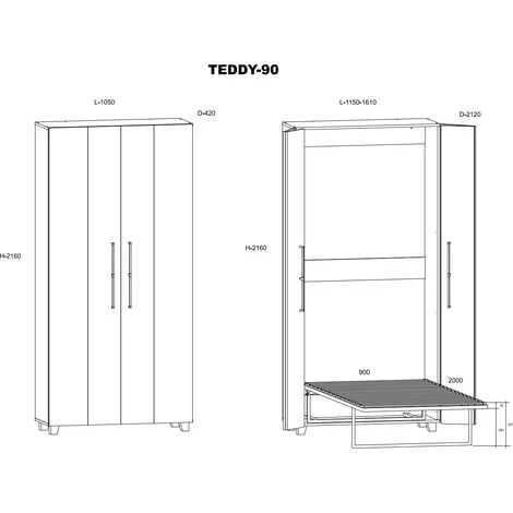 Lit Escamotable TEDDY 90x200cm Vertical Chêne Bordeaux – Image 5
