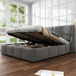 Lit Coffre Pour Adulte 140 X 200 Cm Avec Sommier à Lattes, Lit Capitonné En Pin, Tissu En Flanelle, Tête De Lit épaise, Style Scandinave, Gris