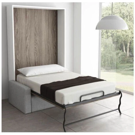 Lit Escamotable Vertical 160x200 Cm Avec Canapé Tissu Kimber - Canapé Noir - Coffrage Chocolat - Façade Chocolat – Image 2