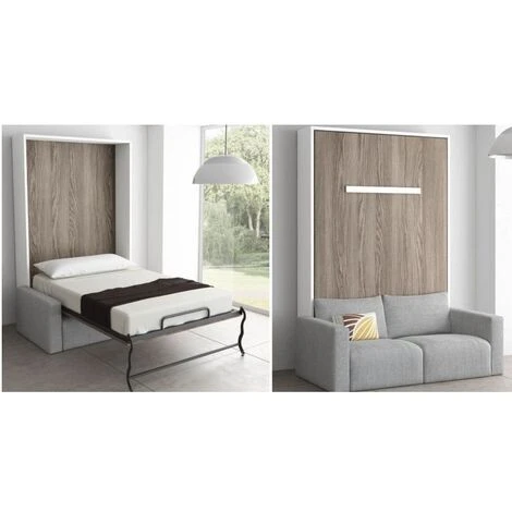 Lit Escamotable Vertical 160x200 Cm Avec Canapé Tissu Kimber - Canapé Noir - Coffrage Chocolat - Façade Chocolat – Image 3