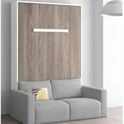 Lit Escamotable Vertical 140x190 Cm Avec Canapé Tissu Kimber - Canapé Gris Foncé - Coffrage Gris Béton - Façade Gris Béton