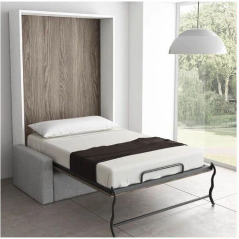 Lit Escamotable Vertical 140x190 Cm Avec Canapé Tissu Kimber - Canapé Gris Foncé - Coffrage Gris Béton - Façade Gris Béton – Image 2