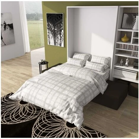 Lit Escamotable Vertical 140x190 Cm Avec Canapé Tissu Kimber - Canapé Gris Foncé - Coffrage Gris Béton - Façade Gris Béton – Image 3