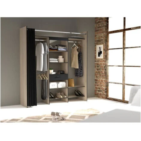 Dressing Armoire VICTOR - 6 étageres + 1 Tiroir + Penderie + Rideau - Chene Dakota Et Noir - L 184 X P 50 X H 203 Cm - EKIPA
