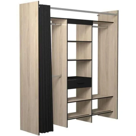 Dressing Armoire VICTOR - 6 étageres + 1 Tiroir + Penderie + Rideau - Chene Dakota Et Noir - L 184 X P 50 X H 203 Cm - EKIPA – Image 2