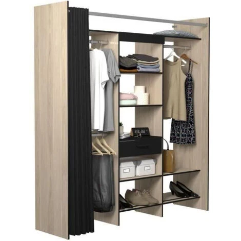 Dressing Armoire VICTOR - 6 étageres + 1 Tiroir + Penderie + Rideau - Chene Dakota Et Noir - L 184 X P 50 X H 203 Cm - EKIPA – Image 3