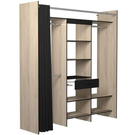 Dressing Armoire VICTOR - 6 étageres + 1 Tiroir + Penderie + Rideau - Chene Dakota Et Noir - L 184 X P 50 X H 203 Cm - EKIPA – Image 4