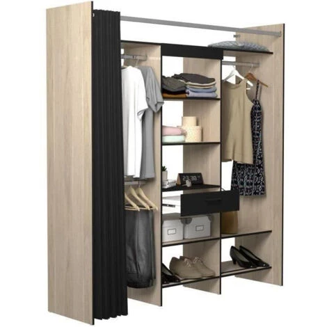 Dressing Armoire VICTOR - 6 étageres + 1 Tiroir + Penderie + Rideau - Chene Dakota Et Noir - L 184 X P 50 X H 203 Cm - EKIPA – Image 5