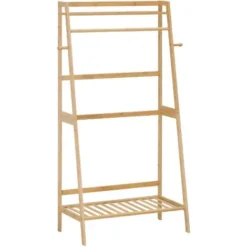 HOMCOM Penderie Porte-manteaux - 2 étagères, Espace Penderie, 2 Patères - Dim. 82L X 36l X 140H Cm - Bois Bambou