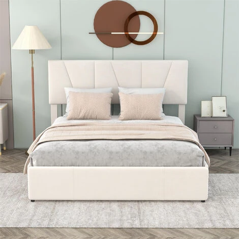 Lit Double Capitonné 160 X 200 Cm - Avec 4 Tiroirs, Tête De Lit Réglable En Hauteur, Velours, Style Scandinave -Lit Adulte Beige – Image 2