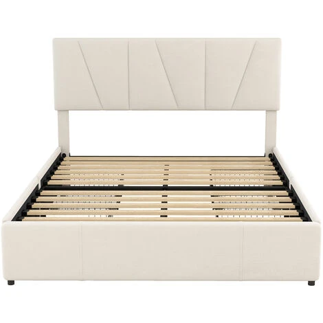 Lit Double Capitonné 160 X 200 Cm - Avec 4 Tiroirs, Tête De Lit Réglable En Hauteur, Velours, Style Scandinave -Lit Adulte Beige – Image 3