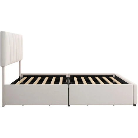 Lit Double Capitonné 160 X 200 Cm - Avec 4 Tiroirs, Tête De Lit Réglable En Hauteur, Velours, Style Scandinave -Lit Adulte Beige – Image 4