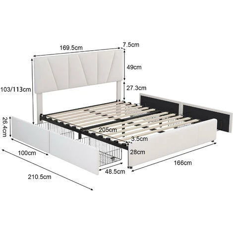 Lit Double Capitonné 160 X 200 Cm - Avec 4 Tiroirs, Tête De Lit Réglable En Hauteur, Velours, Style Scandinave -Lit Adulte Beige – Image 5