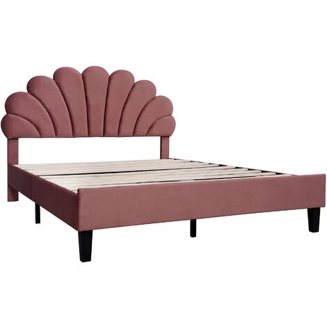 Lit Double Capitonné 140x200cm - Avec Tête De Lit Fleurie, Sommier à Lattes, Velours, Style Scandinave - Rouge - LBF – Image 4